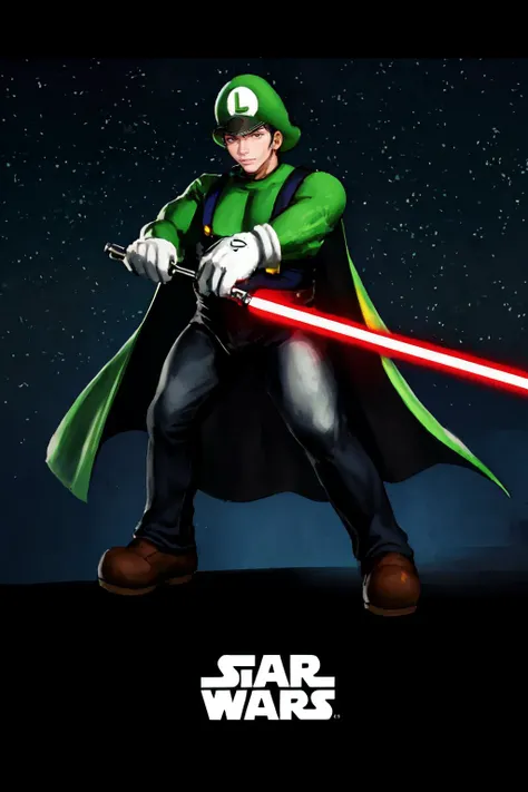 a cartoon character with a green cape and a red light saber