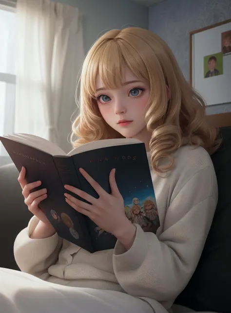 a close up of a person sitting on a couch reading a book