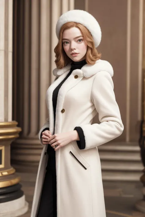 (masterpiece, best quality, high resolution:1.2, photorealistic:1.3),<lora:anya_taylor_joy-000003:1>  anya taylor joy, standing in Moscow winter, white fur hat, white fur coat and pants, black shirt, looking at viewer, eye contact, portrait, smiling, <lora...