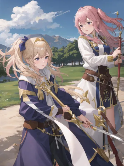 two anime girls with long hair and long swords in a field