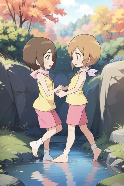 two young girls in yellow and pink outfits are standing near a stream