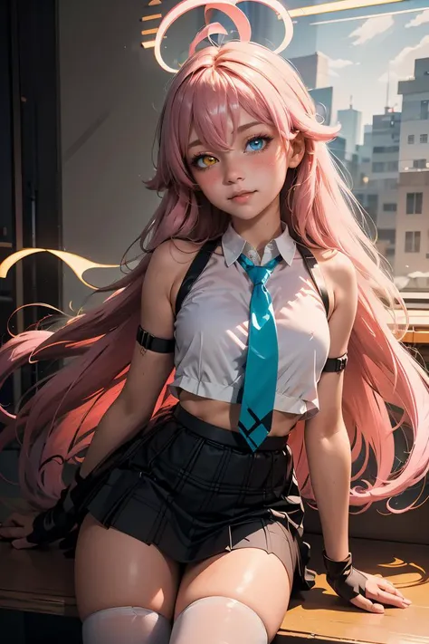 (masterpiece, best quality), 1girl,  <lora:hoshino_scarxzys:0.8> hoshino, pink hair, long hair, hair between eyes, ahoge, yellow eyes, blue eyes, heterochromia, halo,collared shirt, puffy sleeves, blue necktie, chest harness, shoulder strap, black skirt, p...