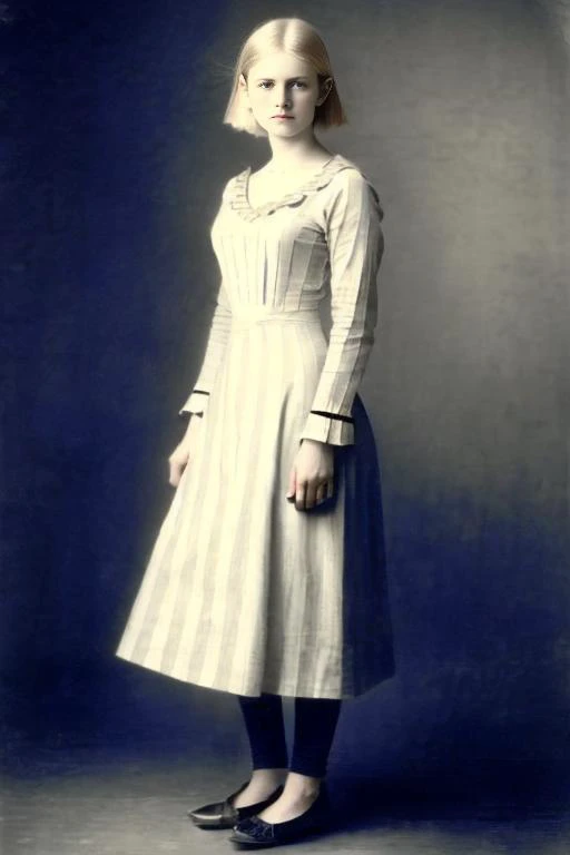 (RAW photo, best quality) A woman in comfy striped pajamas, petite, cute, pale skin, (blonde wedge cut:1.3) <lora:LowRA:1>, 1890s historical photograph, DREAD <lora:VictorianPunkAI:1>, victorian punk