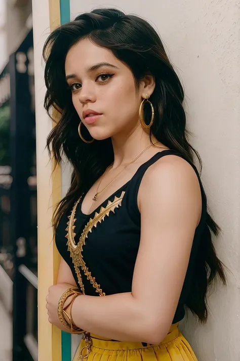 a woman in a black top and yellow skirt leaning against a wall