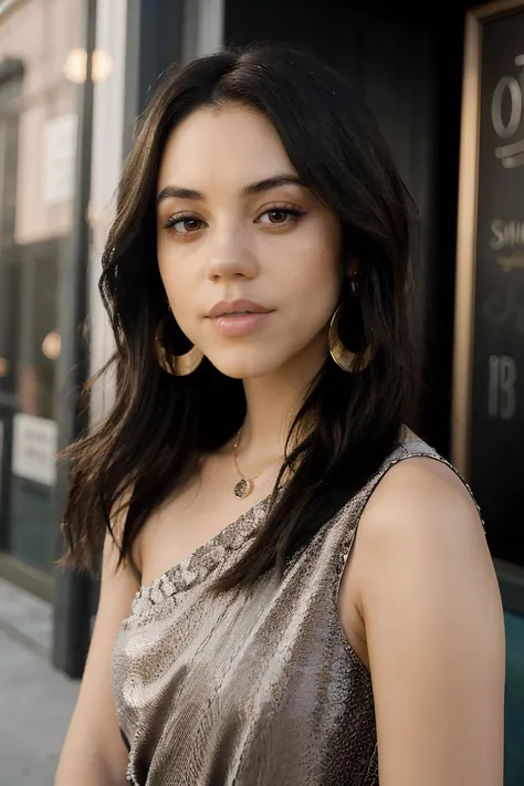 a woman standing on a sidewalk in a metallic dress