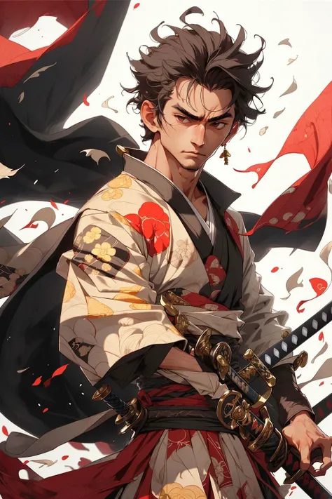 (close-up:1.1),upper body,weapon, 1boy, short hair,male focus, sword, solo, japanese clothes, holding, holding weapon, katana, holding sword, sheath, , , long sleeves, , haori, , hakama, kimono, sheathed,,
,, <lora:niji_wushi_v10:1>