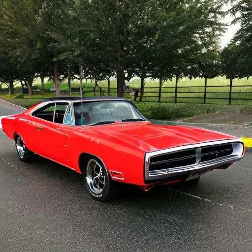 <lora:70s_Dodge_Charger:1> red charger