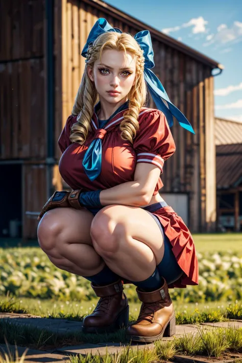 a woman in a red dress and blue bow is kneeling down