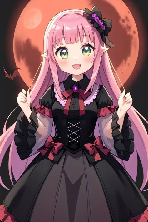 adult, evil corrupted princess wearing dark pastel (ruffled:1) (gleaming oily latex ballgown:1) and (transparent long wide sleeves:1.5), soft lighting, (lots of frills and bows:1), (cute little fangs:1),
(vmpr:1),
(red moon background),