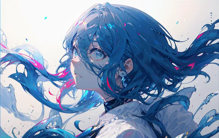 anime girl with blue hair and blue eyes looking at something