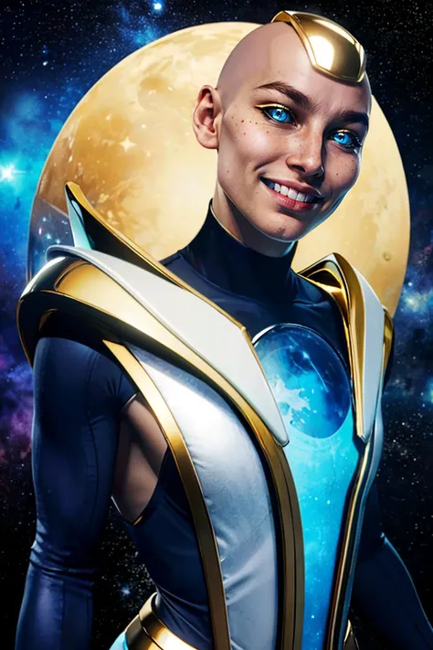 Kronika,glowing blue eyes, black sclera, gold cap, bald, robes, shoulder armor, pelvic curtain, looking at viewer, smiling, portrait, space background, stars, dark, planet, high quality, masterpiece, <lora:Kronika:.7>