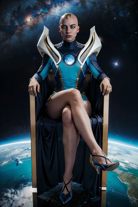 Kronika,glowing blue eyes, gold crown, black sclera, bald, robes, high heels, pelvic curtain, looking at viewer,serious, sitting, on chair, legs crossed, space background, stars, dark, high quality, masterpiece,  <lora:Kronika:.8>