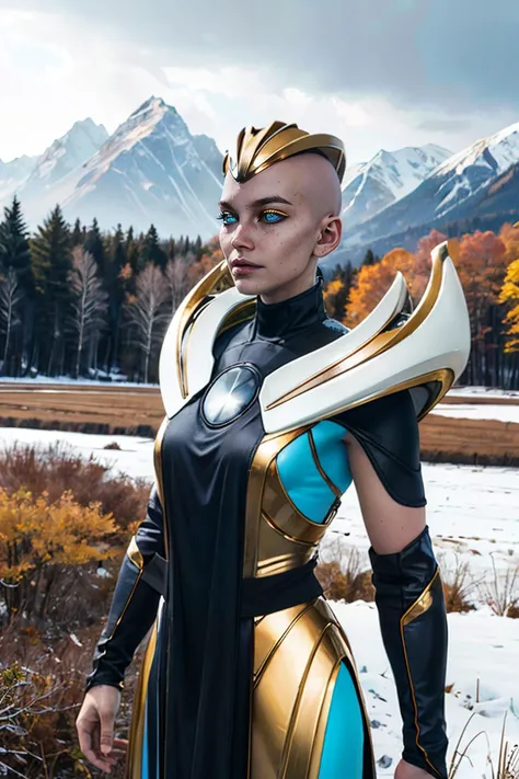 Kronika, woman, glowing blue eyes,gold cap, black sclera, bald, robes,shoulder armor, pelvic curtain, looking at viewer, serious, upper body shot, standing, outside, park, field, trees, mountain, autumn, snowing, overcast, high quality, masterpiece,  <lora...