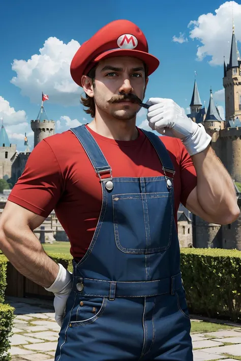 supermario, wearing red shirt, blue overalls, white gloves, red hat, mustache, blue eyes, looking at viewer, serious, outside, castle background, blue sky,  <lora:SuperMario:.8> extremely detailed, hdr,