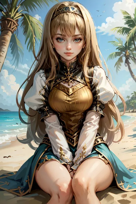 ((masterpiece, best quality))
<lora:ValkyrieProfileAlicia:0.8>
ValkyrieProfileAlicia, 1girl, solo, long hair, on the sandy beach, minidress, palm trees in the background, sitting cross-legged