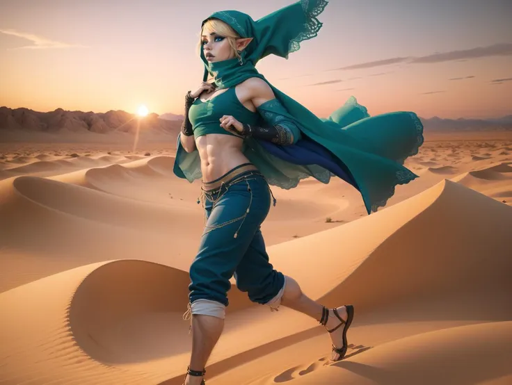 araffe in a green outfit and blue cape running through the desert