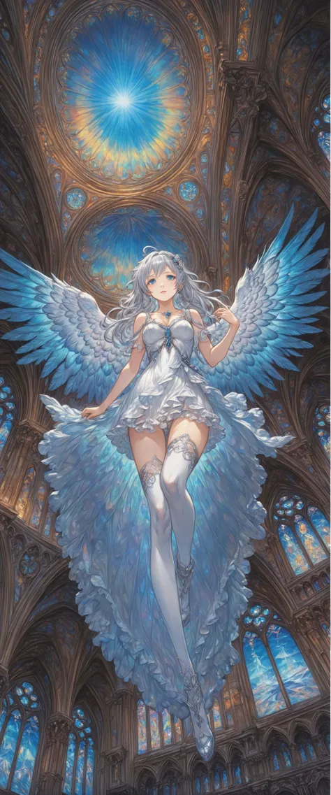 <lora:granblue_fantasy_style_xl:0.8>, granblue, 1girl, white dress, hair_ornament, very aesthetic, silver hair, feathered_wings, feathers, (masterpiece, best quality:1.4), hyper detailed, ultra detailed, UHD, perfect anatomy, inside Notre dame, painted cei...