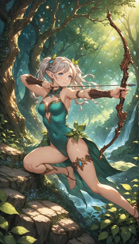 1girl, Elven archer in a lush forest, pulling back arrow on an intricate bow, ntense focus, detailed facial features and almond-shaped eyes, leotard, (nature elements and greenery:1.4), dappled sunlight filtering through the trees, 8K, soft focus, (depth o...