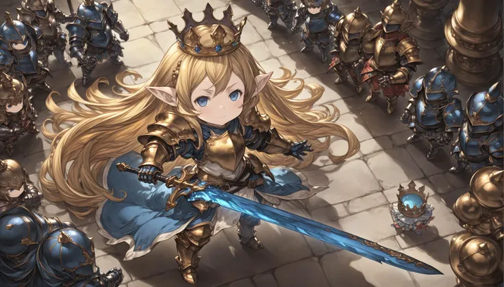 granblue_fantasy_style_xl, granblue, 1girl, armor, armored_boots, blonde_hair, blue_eyes, boots, charlotta_(granblue_fantasy), closed_mouth, crown, long headpiece, full_body, gauntlets, holding, holding_sword, holding_weapon, long_hair, pointy_ears, solo, ...