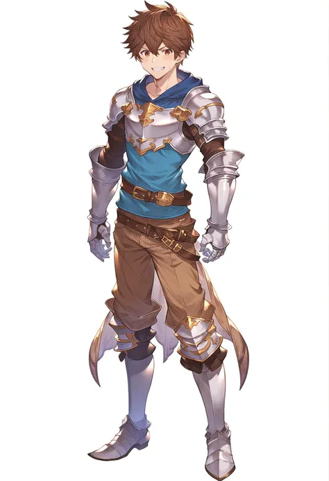 a man in armor with a sword and a blue shirt