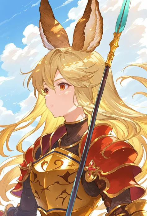 gbfpxnl, 1girl, michael (granblue fantasy), animal ears, gold armor, blonde hair, upper body, gauntlets, long hair, solo, spear, red trim, white background outdoors, scenery, close-up, clouds, dappled sunlight,
score_9, score_8_up, score_7_up, score_6_up, ...