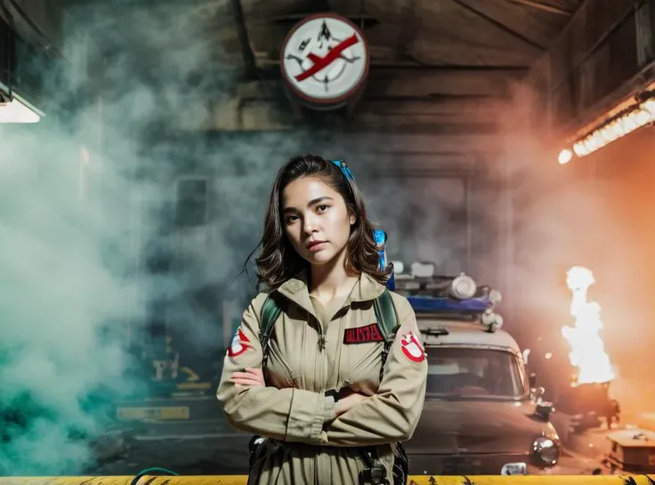 Highly detailed RAW full color high quality wide-angle 16mm photograph top view from above of (((1girl))) wearing ((ghostbuster uniform)) ((protopack)) ((crossed arms leaning against ecto_1)) inside fire station garage (((at night))), ((midnight)), ecto_1 ...