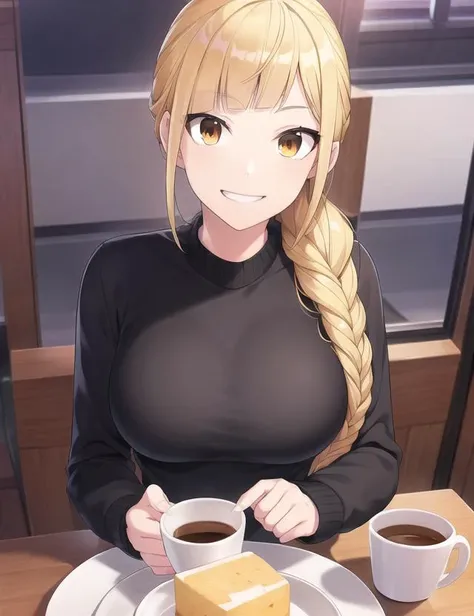 anime girl with long blonde hair sitting at a table with a plate of food