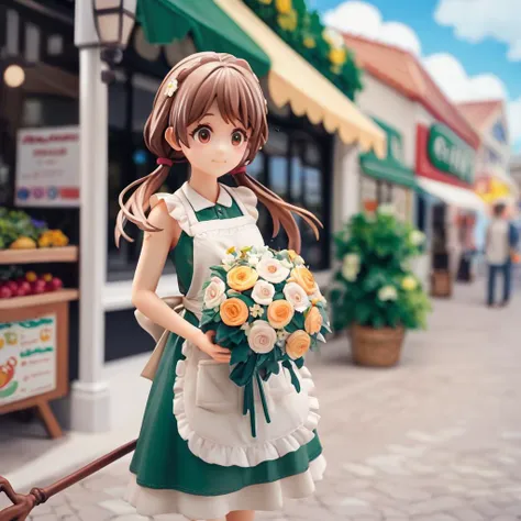 anime girl in green and white dress holding a bouquet of flowers