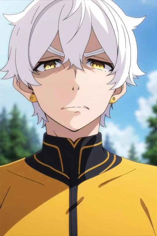 masterpiece, best quality, , 1boy, solo, male focus, looking at viewer, , depth of field, <lora:regulus_corneas:0.72>, regulus_corneas, white hair, yellow eyes, jewelry, sportswear