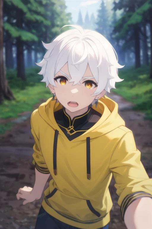 masterpiece, best quality, , 1boy, solo, male focus, looking at viewer, , depth of field, <lora:regulus_corneas:0.68>, regulus_corneas, white hair, yellow eyes, , hoodie