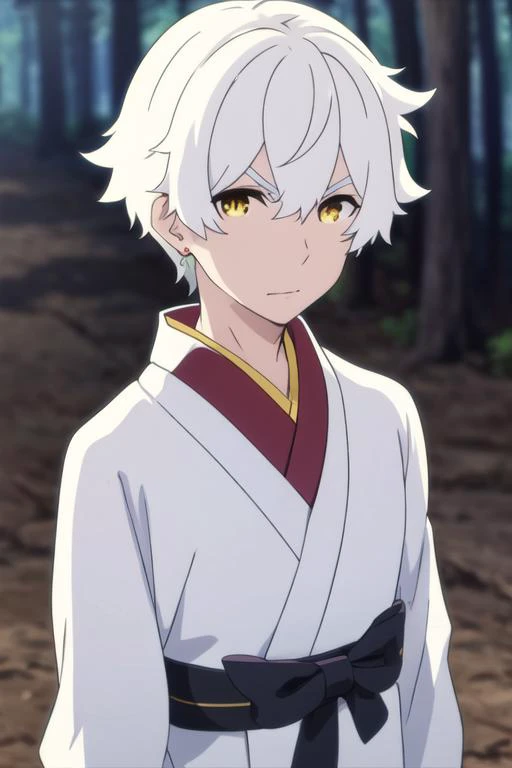 masterpiece, best quality, , 1boy, solo, male focus, looking at viewer, upper body, depth of field, <lora:regulus_corneas:0.70>, regulus_corneas, white hair, yellow eyes, jewelry, yukata