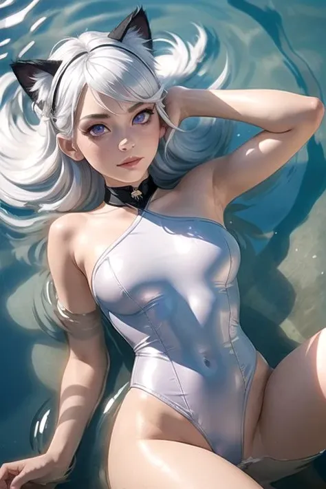 masterpiece, best quality, 1girl , cat ear, white hair , silver hair , purple eyes, (from above) , leotard, water , submerged