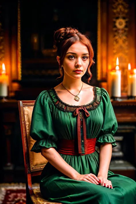 portrait close up of a oliviaC4 ,(messy bun), sitting on a wooden chair, wearing a fancy green Victorian era dress, seductively posing, medium breasts, pale skin, dark red lips, dark eye shadow, ornate pendant, sitting in front of a large stone fireplace, ...