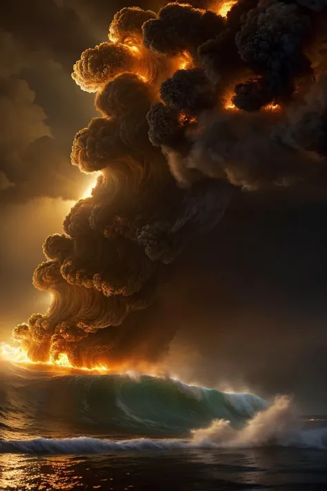 a large plume of smoke rising from the ocean with a wave