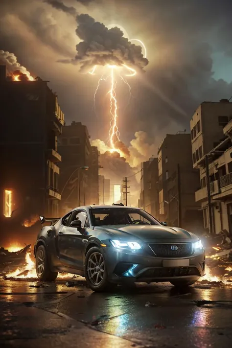 a car is parked in a city street with a lightning bolt in the background