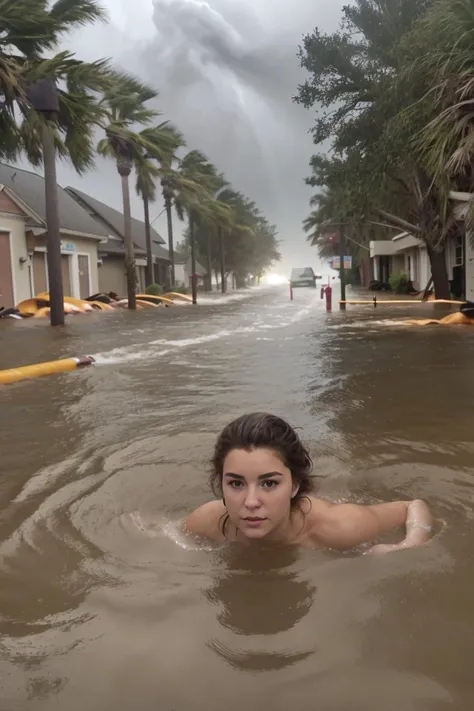 arafed woman in a flooded street with houses and palm trees