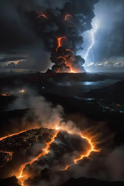 a large plume of smoke is seen from the top of a volcano