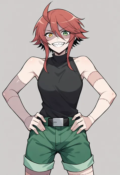 a cartoon image of a woman with red hair and green shorts