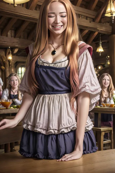 realistic analog photo, award winning photo,
wideshot, 
1girl, kitagawa marin, halfclosed eyes, giddy smile, 
 wench   <lora:Wench:0.75> wench, dress, necklace, posing 
 <lora:Marin:0.8>  long_hair, blonde_hair, bangs, red_eyes, medium_breasts, parted_lips...