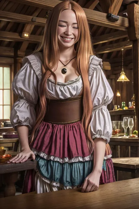 realistic analog photo, award winning photo,
wideshot, 
1girl, kitagawa marin, halfclosed eyes, giddy smile, 
 wench   <lora:Wench:0.75> wench, dress, necklace, posing 
 <lora:Marin:0.8>  long_hair, blonde_hair, bangs, red_eyes, medium_breasts, parted_lips...