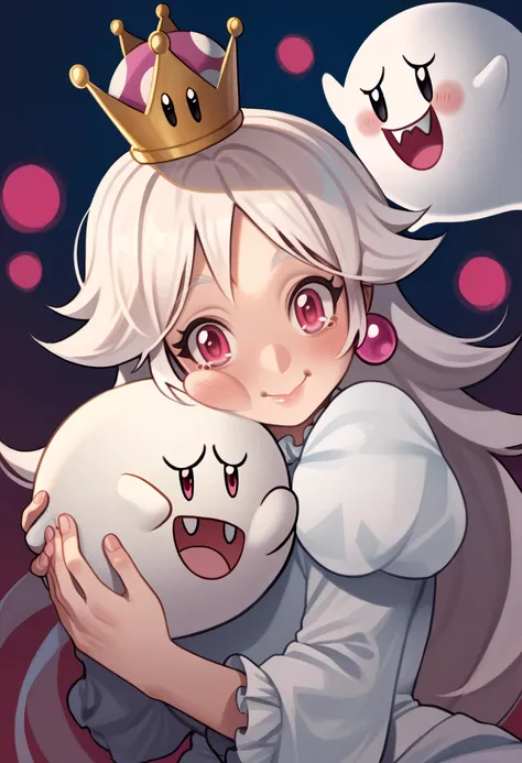 anime girl hugging a stuffed animal with a crown on her head