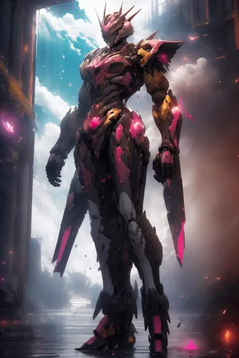 (Sophisticated Professional 3D rendering:1.3) of (Sketched:1.3) <lora:Mecha warrior Mecha_20230621092507:0.85> Mecha warrior, Mecha, glow, glowing, clouds, colorful,CGSociety,ArtStation,(Magenta hue:1.3)