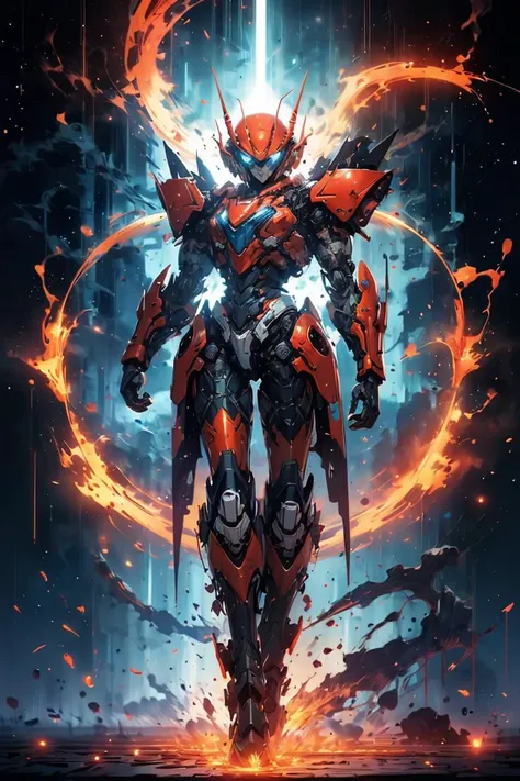 a robot with a fiery halo on his head and arms