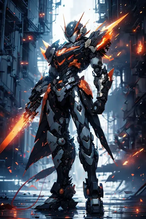 a robot with a sword standing in a city with fire