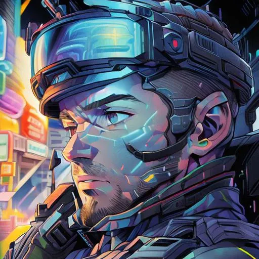 a man in a helmet and goggles stands in front of a neon city