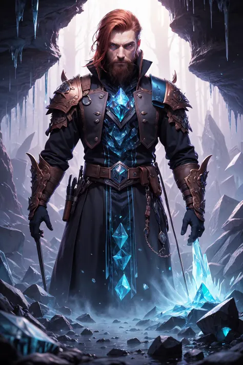 (1man, masculine adult french male:1.2),  grey-blue eyes, copper hair, long mustache,
  looking down, solo, half shot, detailed background, close up,  detailed face, (sinister dark fantasy theme:1.1), crystal wizard,   ice themed clothes,   floating in the...