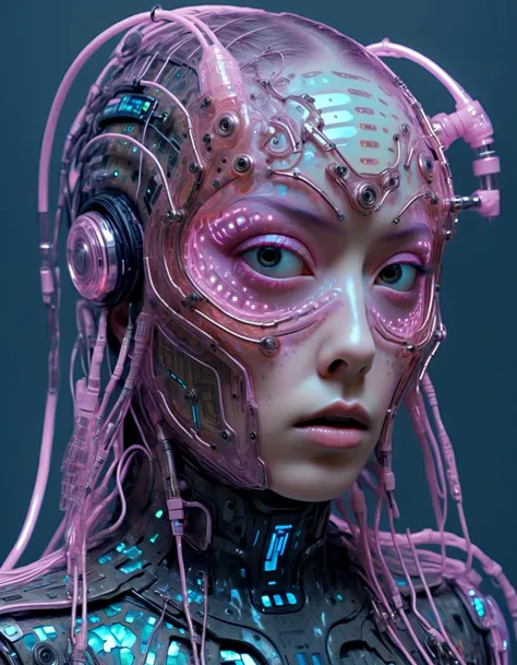 a close up of a woman with a futuristic headpiece and headphones