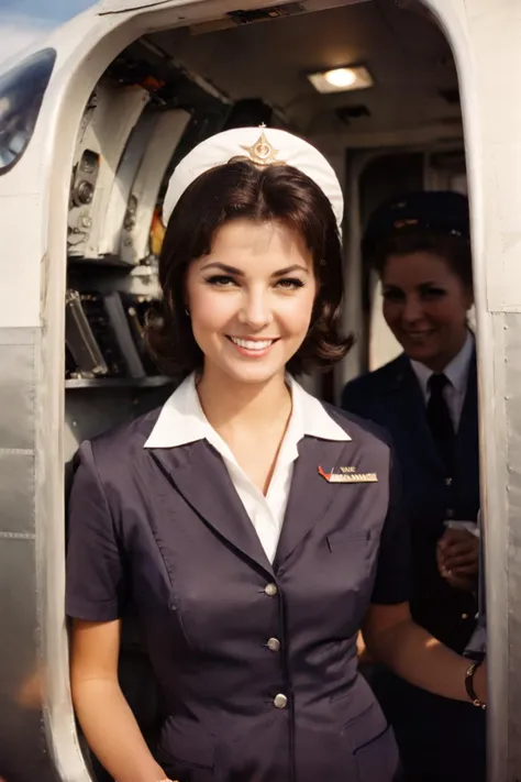 Analog, vintage photo, 1960s airline stewardesses smile standing at the entrance of plane looking at viewer, sharp focus, detailed skin, porous skin, detailed eyes, sharp focus   <lora:AnalogRedmondV2-Analog-AnalogRedmAF:1>