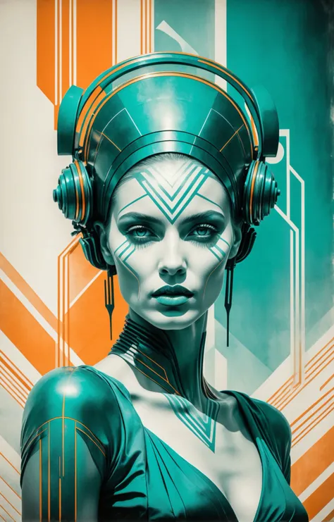 Spectral, Art Deco, Datanoshing, Ink wash, Splash style, Abstract Art, Abstract Tech, a statuesque Bonairian woman with a hungry expression, High definition, Photo realistic, cybertech, geometric lines, orange and teal color grading