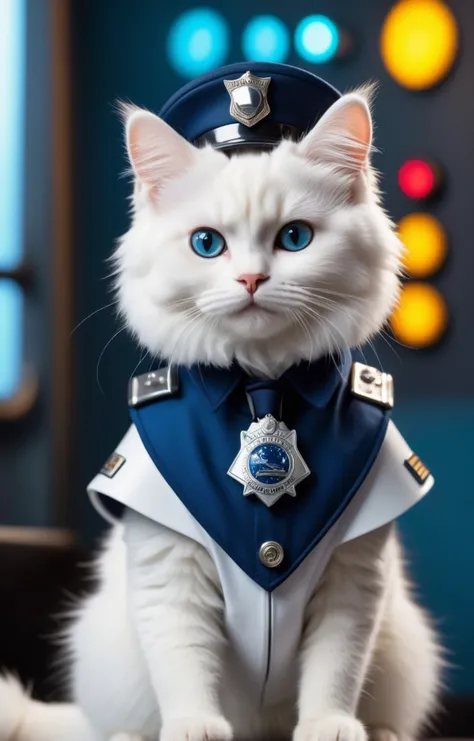 fashion photoshoot, a photo of a 1950s retro-futuristic tiny and adorable white fluffy cat wearing a space police outfit, police badge, intricate detail, vibrant atmosphere, sharp focus, 4k, 8k, high quality